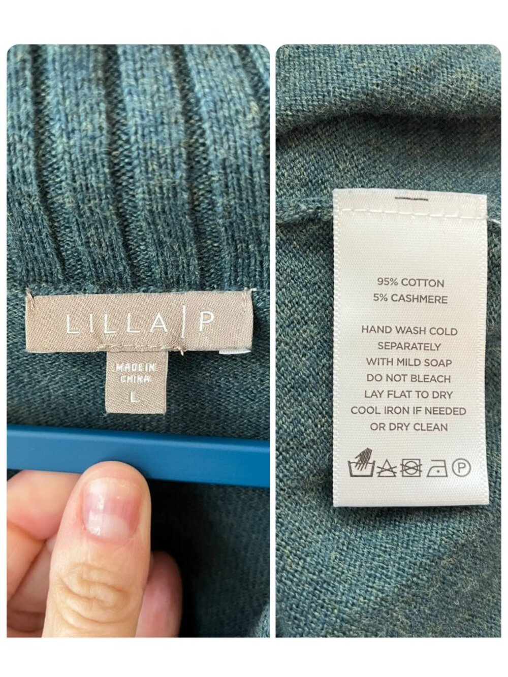 LILLA P Teal Cotton Cashmere Shawl Collar Sweater Size L - Picture 6 of 7